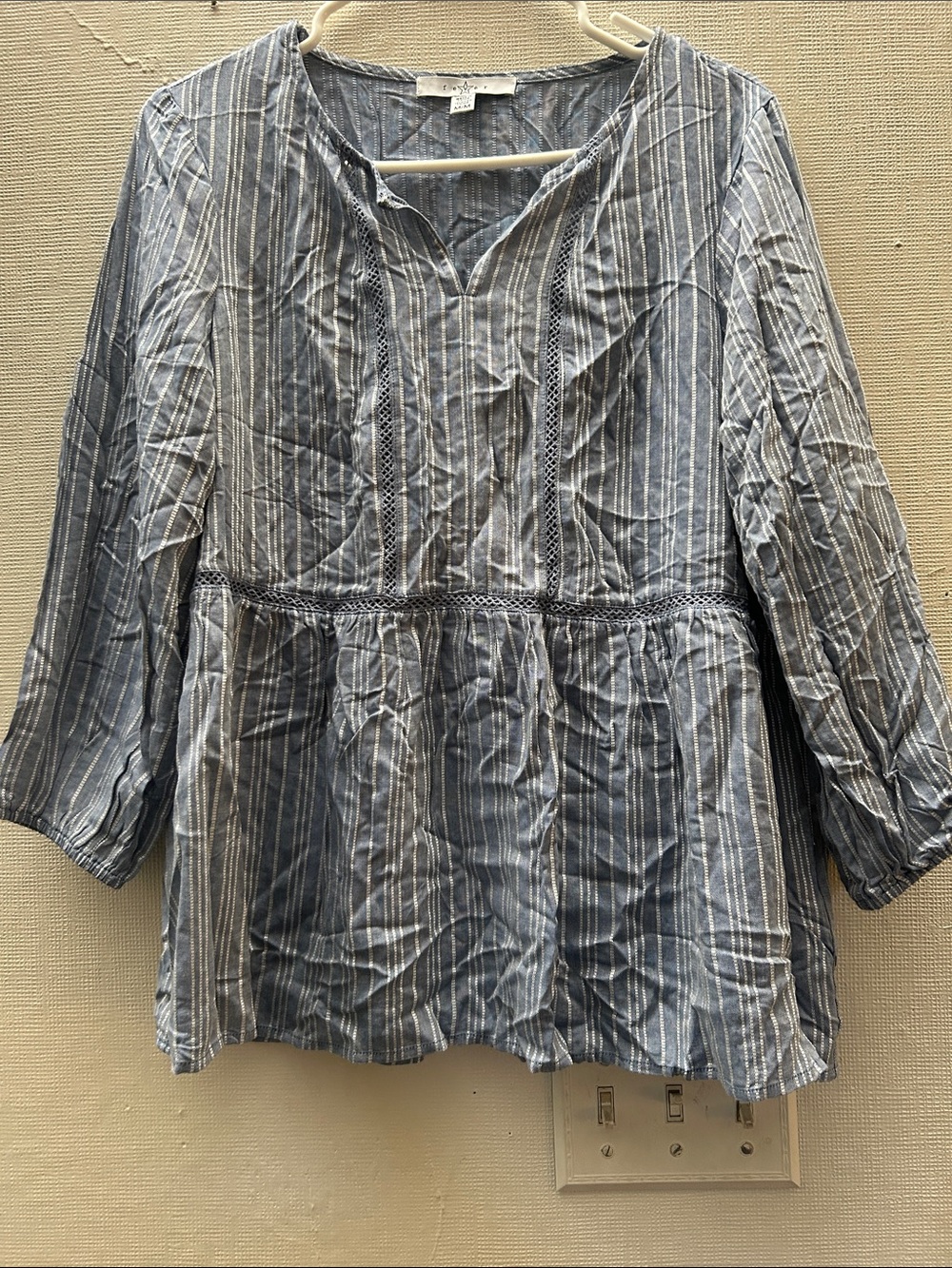 Fever Blue and White Striped Peasant Tunic with Pintuck Detail